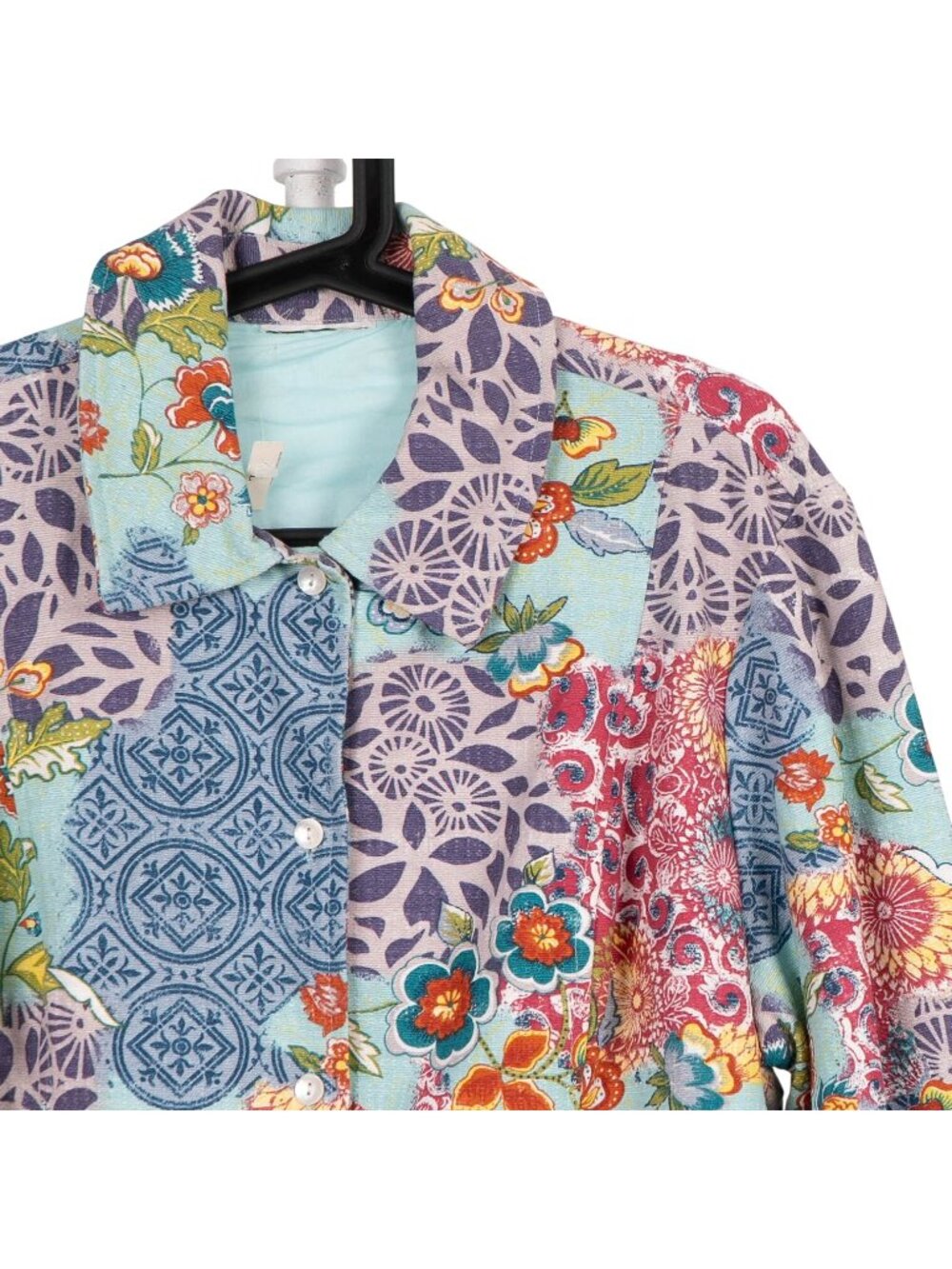 Patchwork Floral Jacket L Womens Pastel Denim Long Blue Boho Hippie Multicolor - Picture 2 of 6